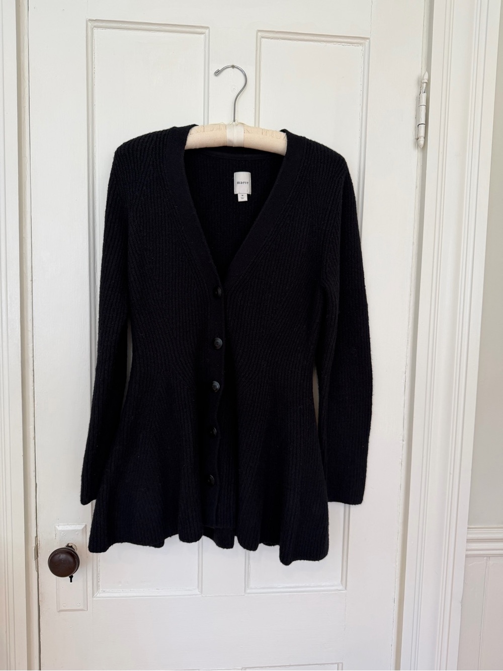 Maeve Black Ribbed Button-Front V-Neck Cardigan w/Flattering Waist